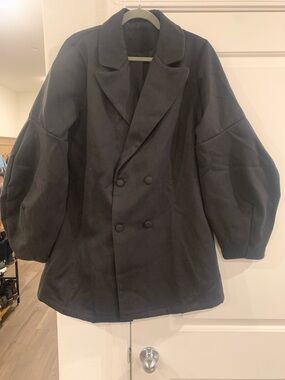 SHEIN Black Double-Breasted Puff Sleeve Coat